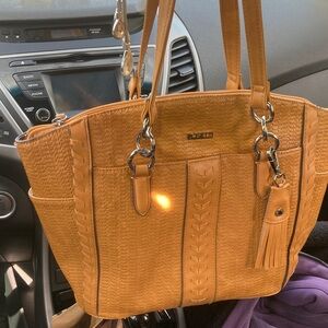 Rosetti Caramel-Tan Woven Tote with Tassel